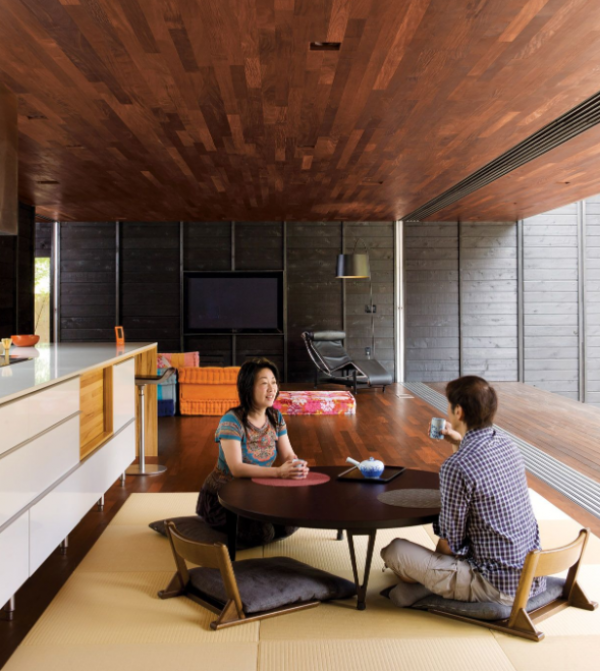 Dapur dengan kursi rendah dan meja untuk makan di lantai